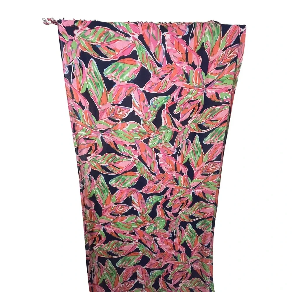 Lilly Pulitzer Murfee Scarf Tusk In Sun Pink Navy Blue Palm‎ Leaf Fringe 10126
